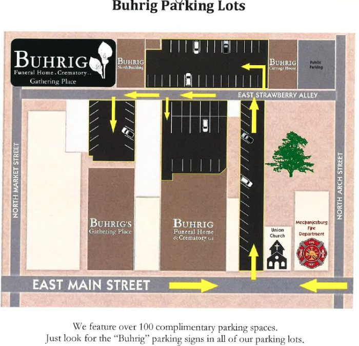 Map of the Buhrig parking lots between East Main Street and East Strawberry Alley, with entrances marked by arrows